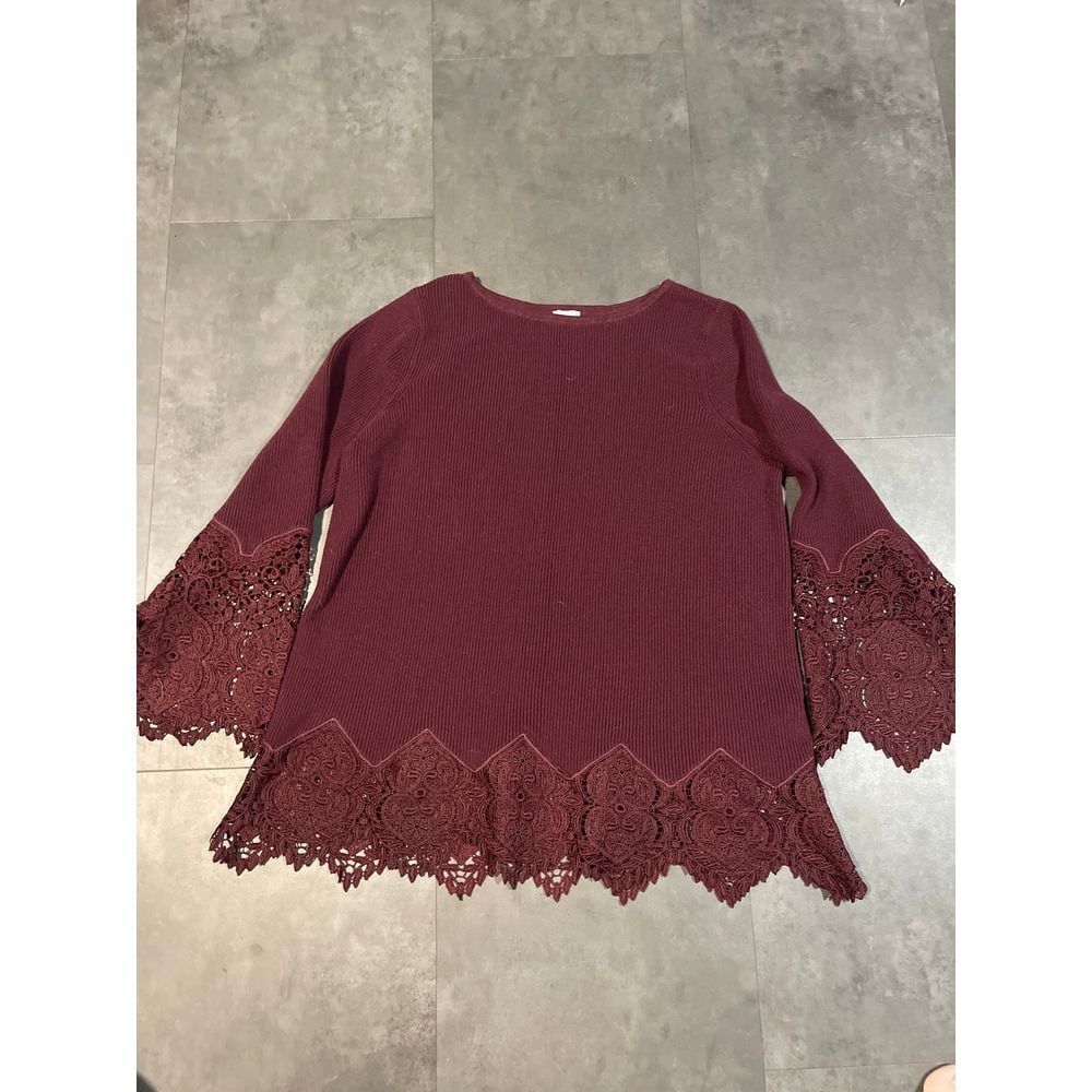 Chicos Burgundy Lace-Trim Sweater | Elegant Ribbed Knit Top | Size‎ L B-93